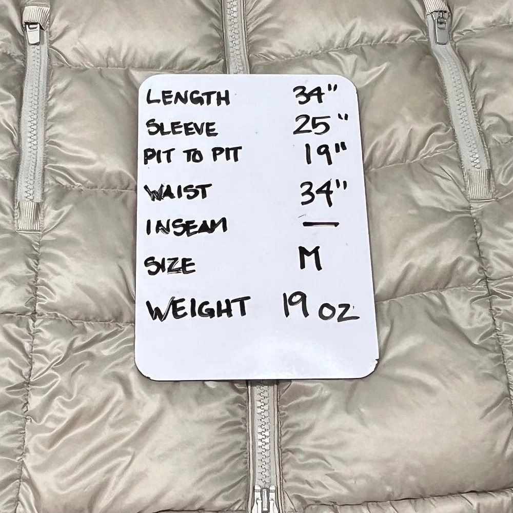 Athleta Light Weight Long‎ Hooded Puffer Coat Down Fill Shimmer Cream Chevron MD